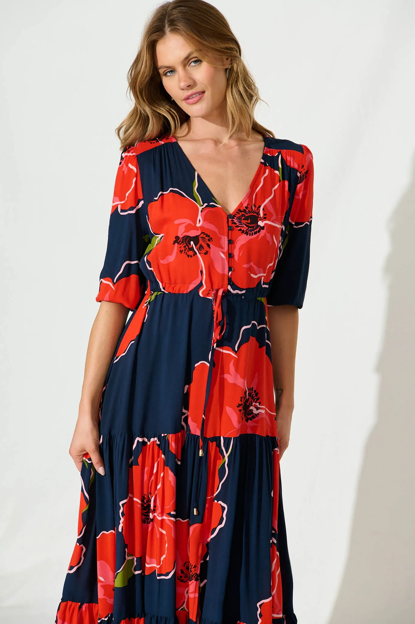 Emilia Maxi Dress In Navy With Red Floral sold by St Frock product image thumbnail 2
