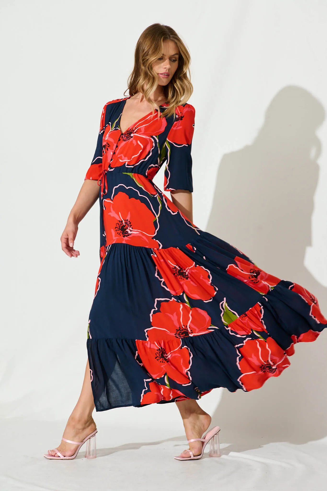 Emilia Maxi Dress In Navy With Red Floral sold by St Frock product image thumbnail 4