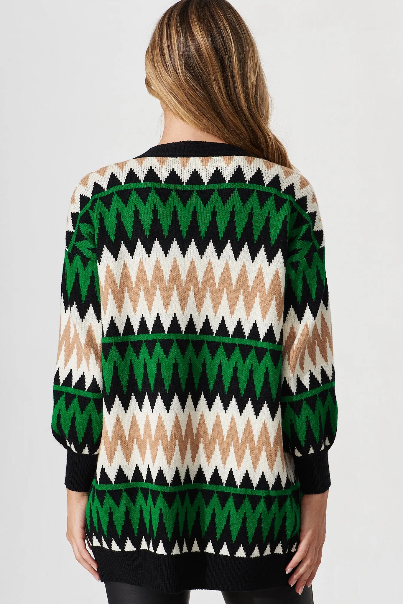 Sheriden Knit Cardigan In Green Colourblock Wool Blend sold by St Frock product image thumbnail 4