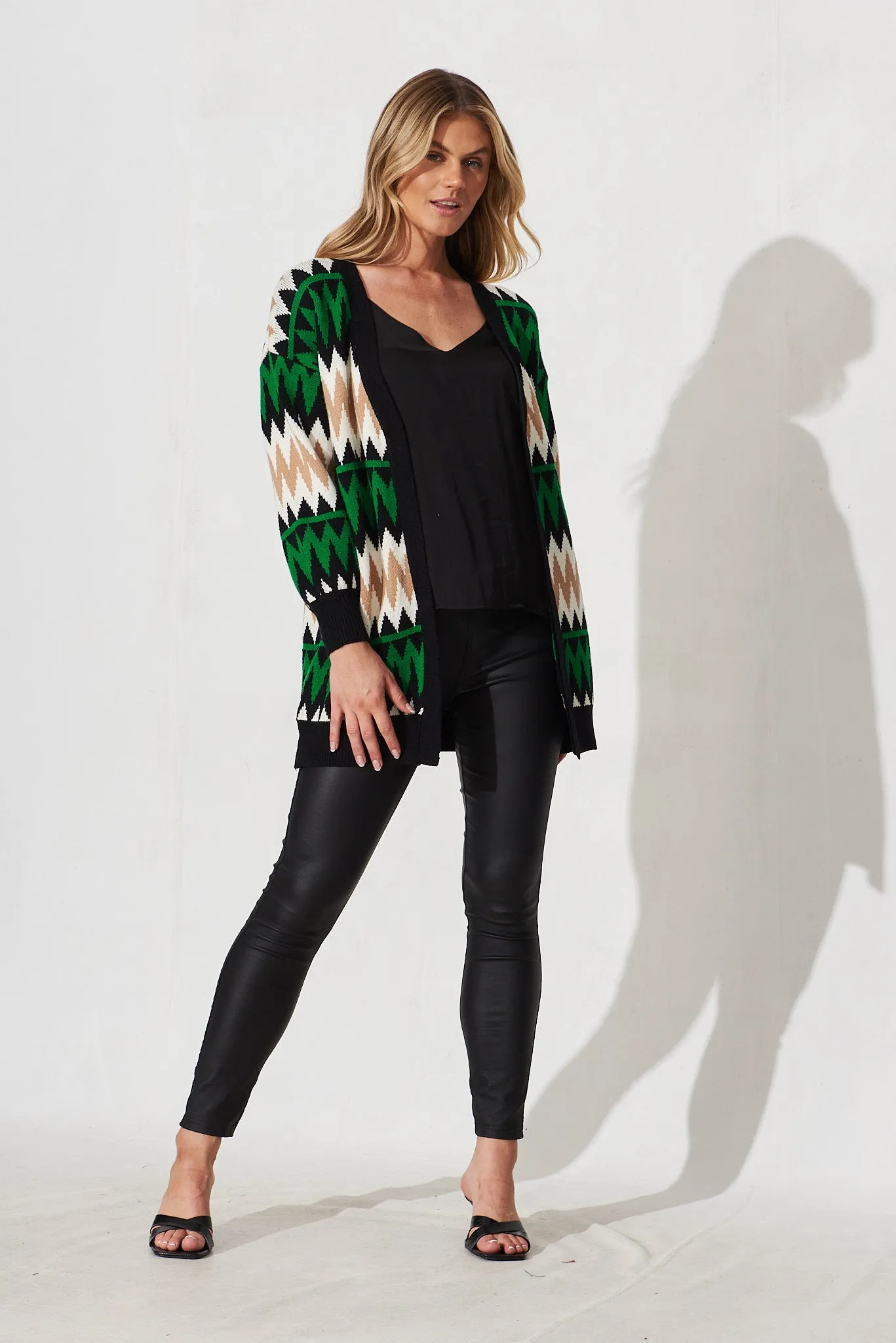 Sheriden Knit Cardigan In Green Colourblock Wool Blend sold by St Frock