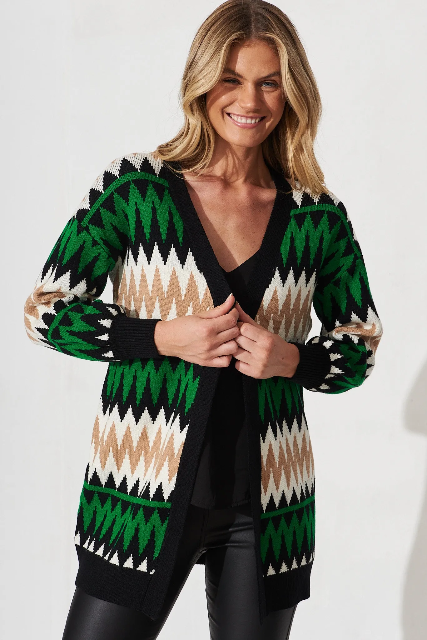 Sheriden Knit Cardigan In Green Colourblock Wool Blend sold by St Frock product image thumbnail 2