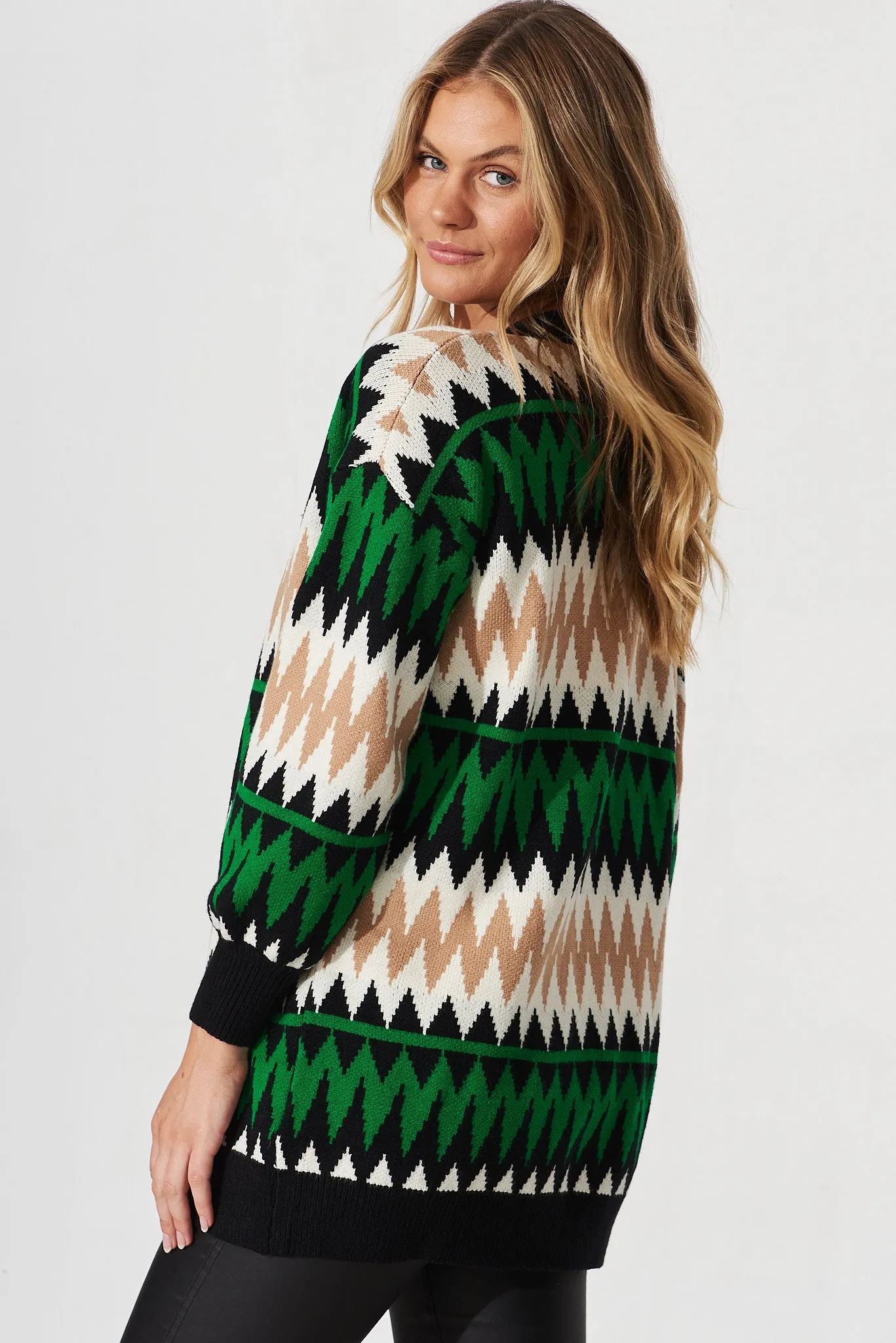 Sheriden Knit Cardigan In Green Colourblock Wool Blend sold by St Frock product image thumbnail 3