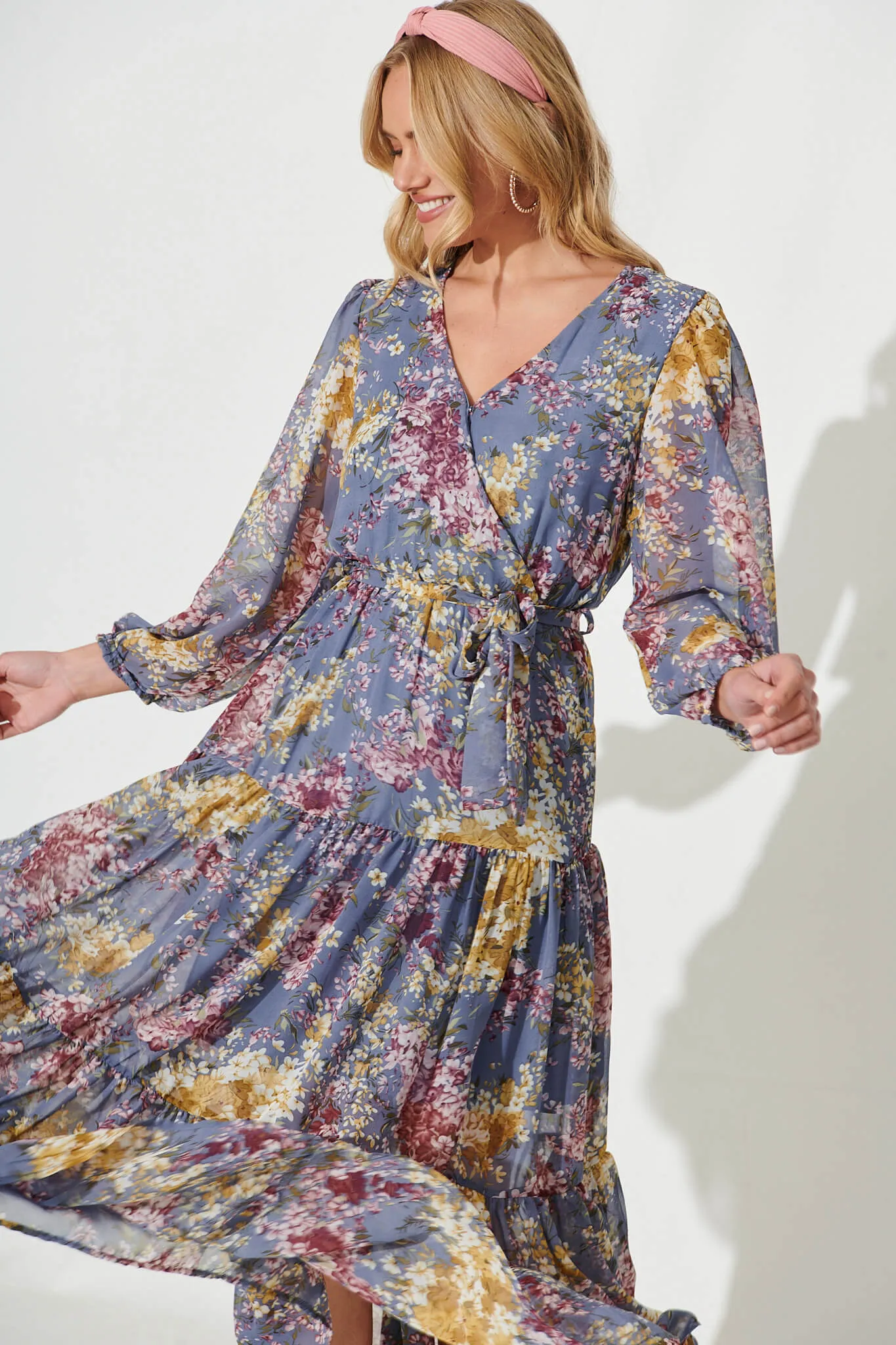Alexis Maxi Dress In Grey Floral Chiffon sold by St Frock product image thumbnail 2