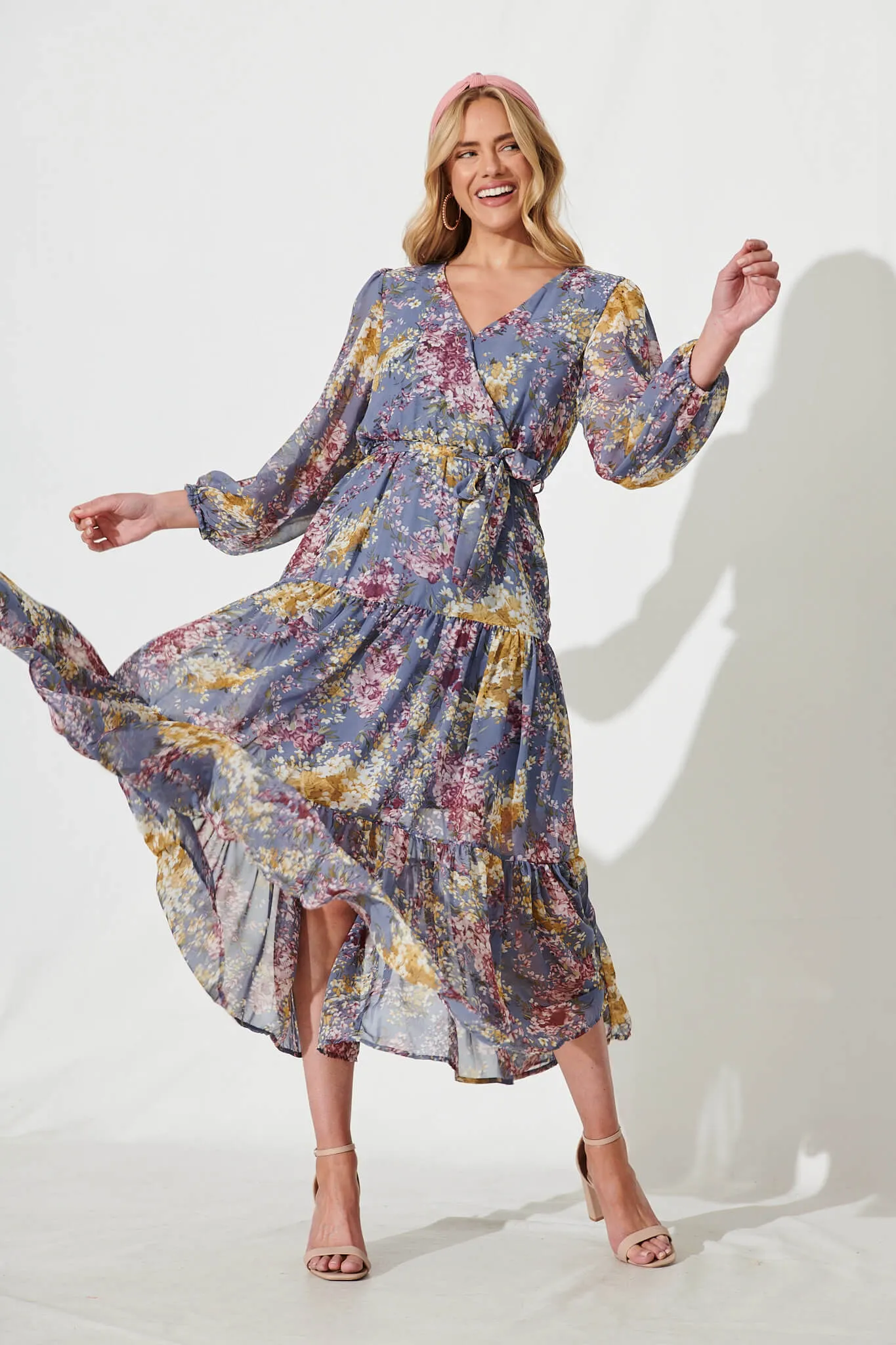 Alexis Maxi Dress In Grey Floral Chiffon sold by St Frock