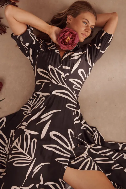 Ronda Maxi Wrap Dress In Black With Cream Print sold by St Frock