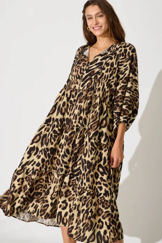 Jamila Midi Smock Dress In Brown Leopard Print sold by St Frock