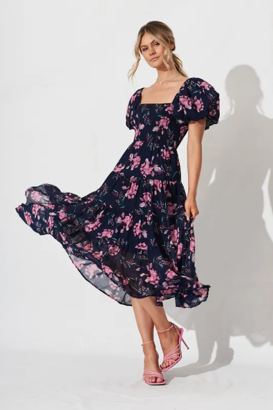 Kaitlyn Midi Dress In Navy With Pink Floral sold by St Frock