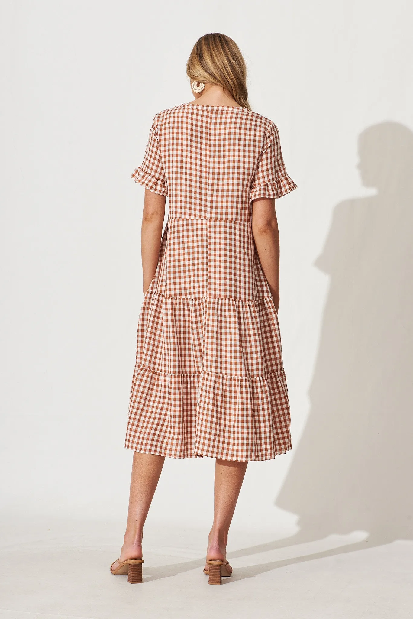 Louisa Midi Smock Dress In Rust And White Gingham Cotton Blend sold by St Frock product image thumbnail 4