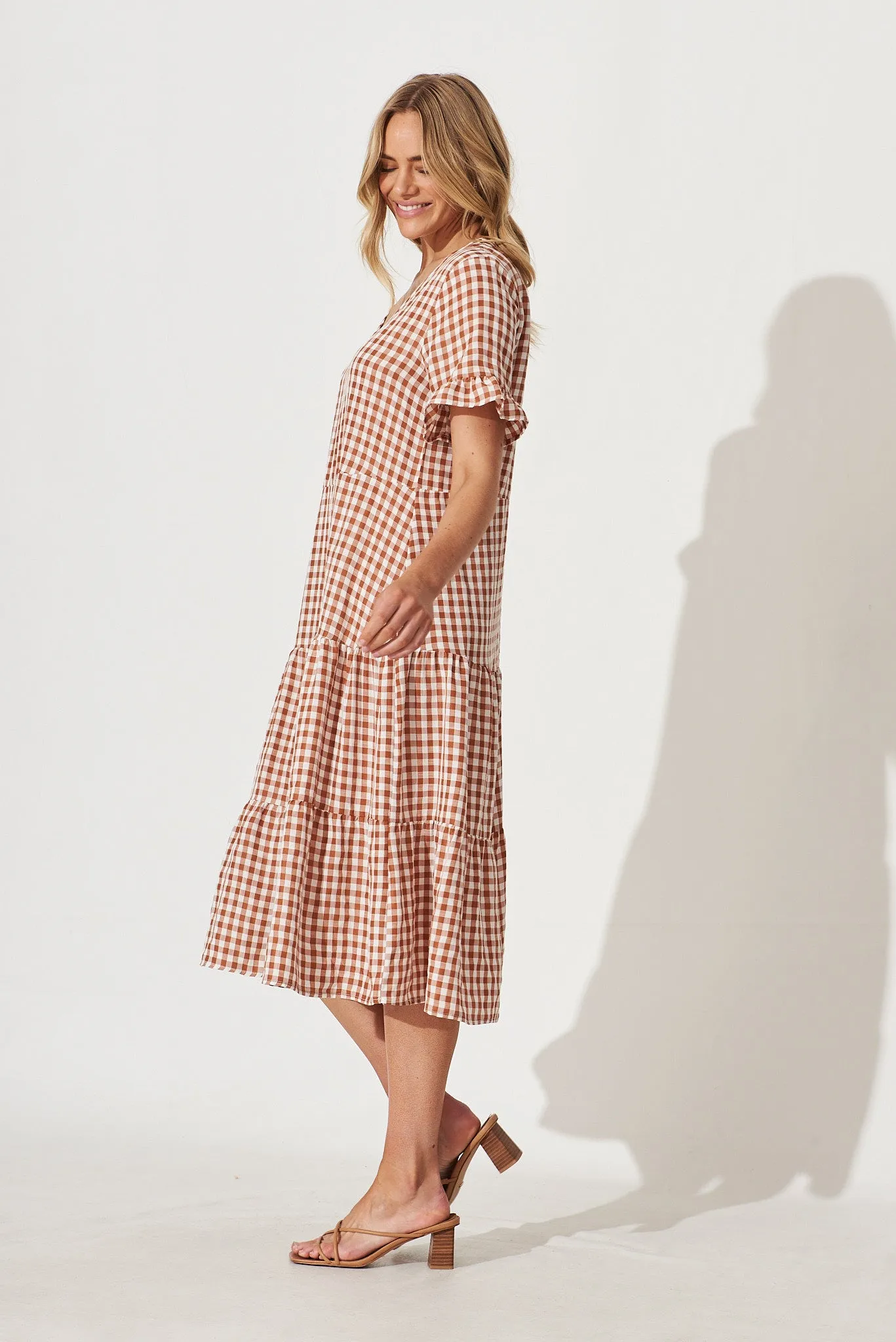 Louisa Midi Smock Dress In Rust And White Gingham Cotton Blend sold by St Frock product image thumbnail 3