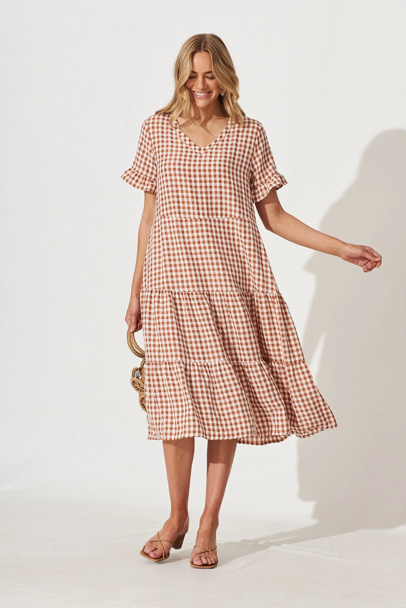 Louisa Midi Smock Dress In Rust And White Gingham Cotton Blend sold by St Frock