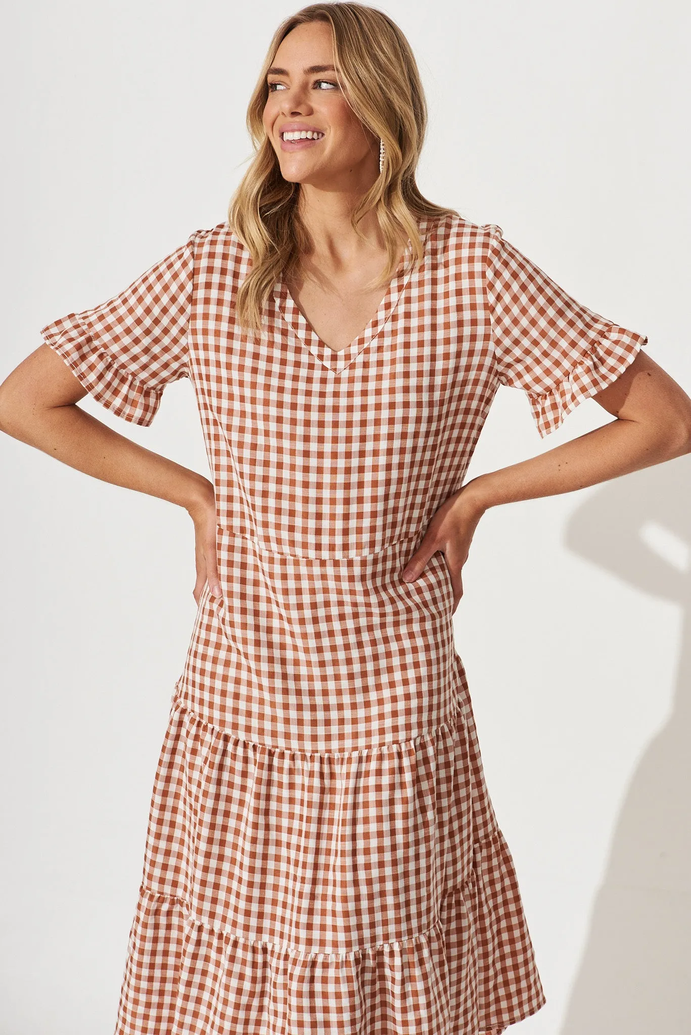 Louisa Midi Smock Dress In Rust And White Gingham Cotton Blend sold by St Frock product image thumbnail 2