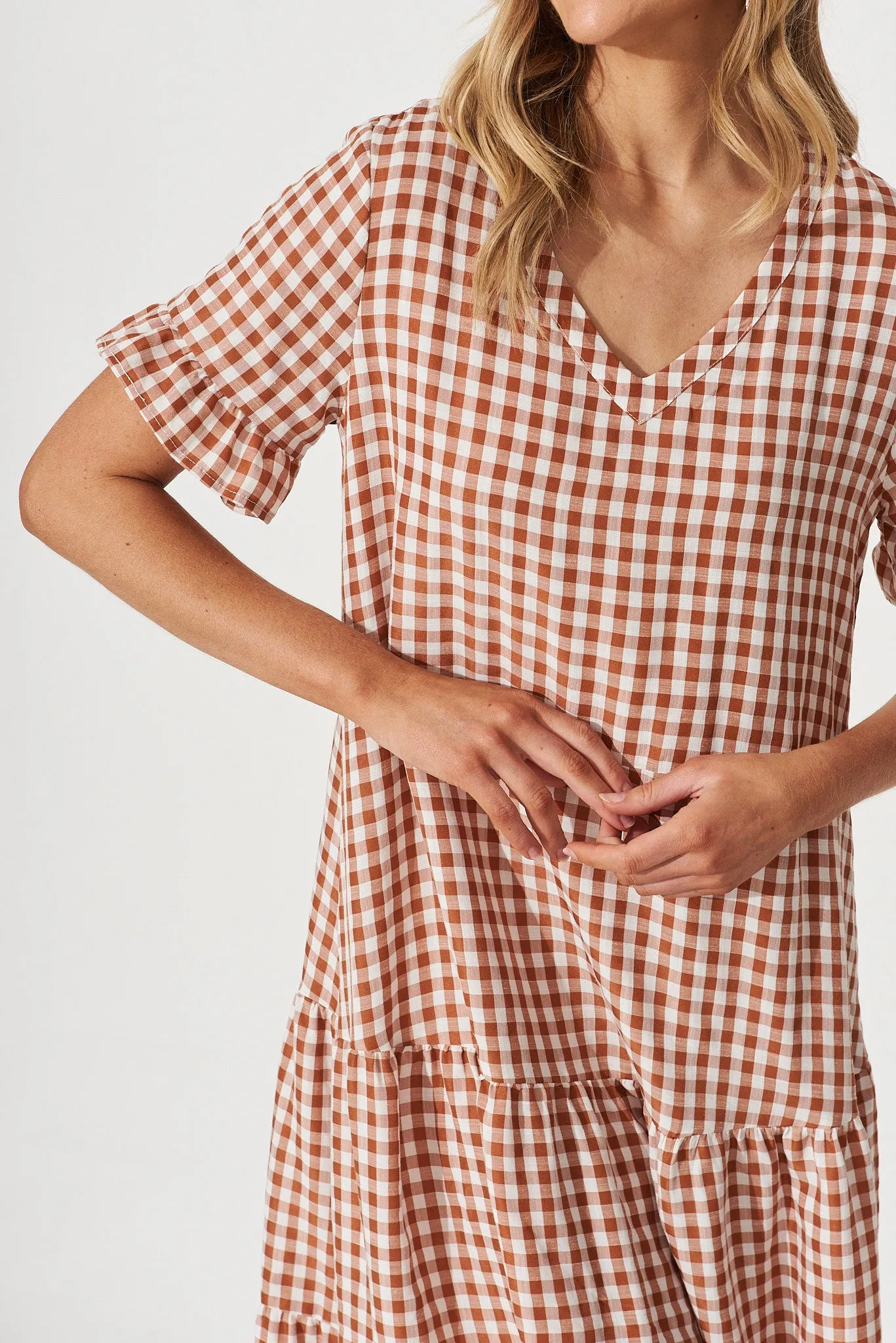 Louisa Midi Smock Dress In Rust And White Gingham Cotton Blend sold by St Frock product image thumbnail 5