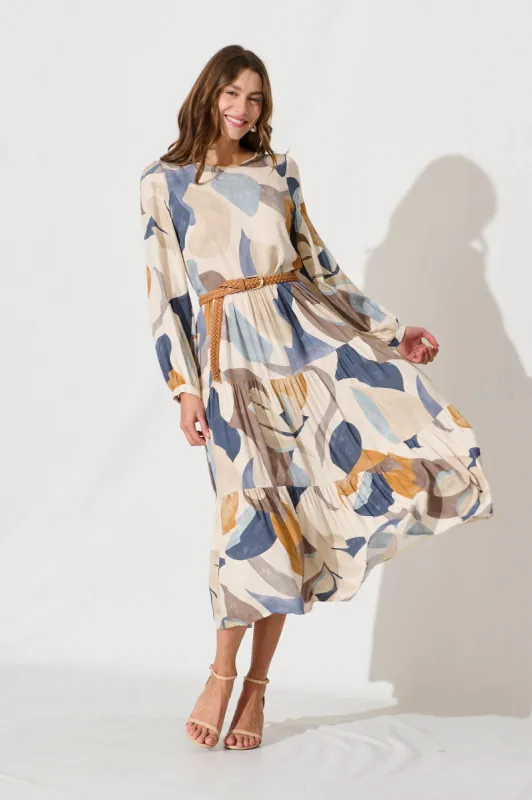 Lolita Midi Smock Dress In Multi Swirl Linen Blend sold by St Frock