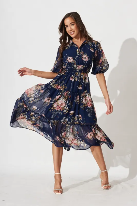 Brittney Midi Dress In Navy And Pink Floral Chiffon sold by St Frock