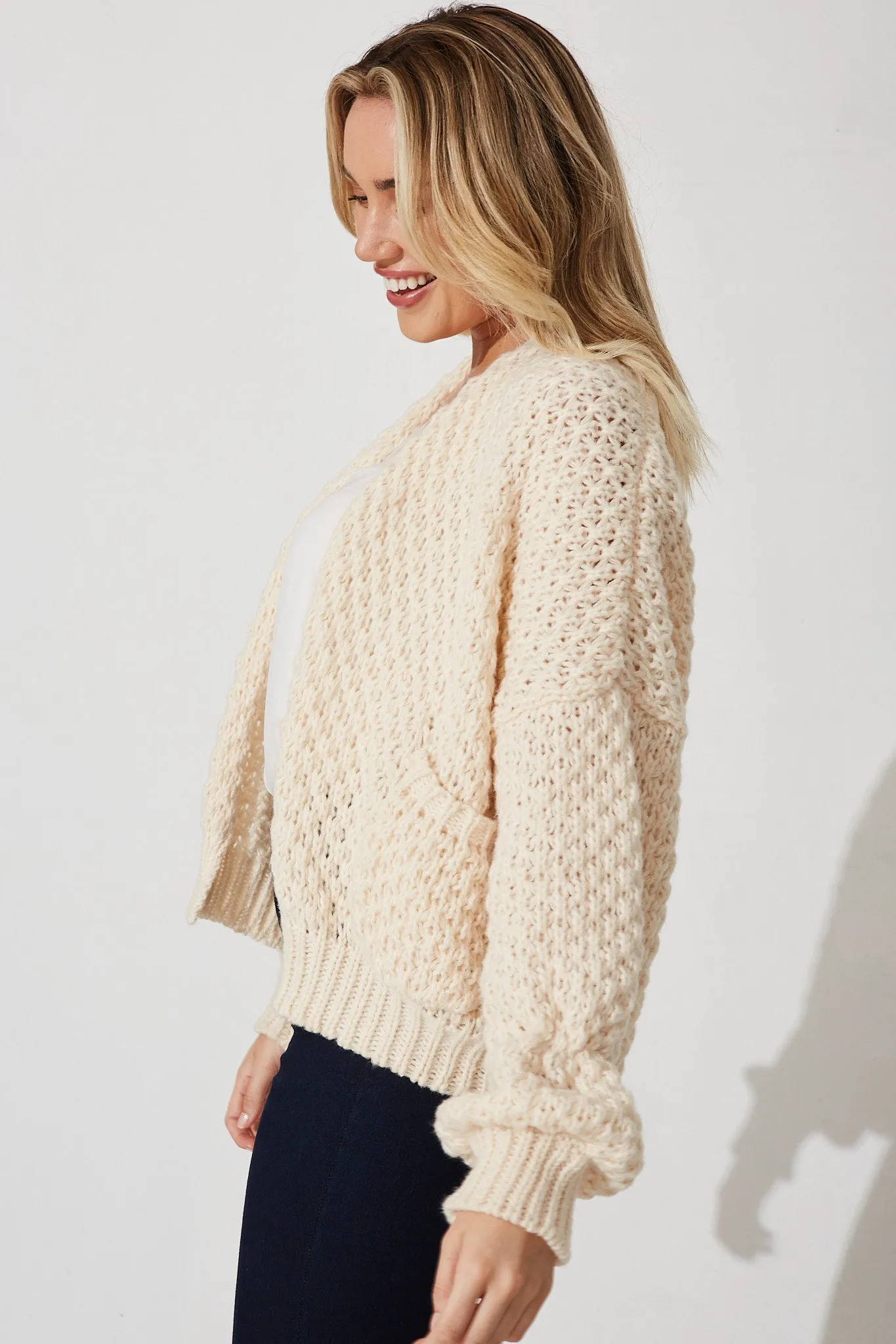 Mira Knit Cardigan In Beige Wool Blend sold by St Frock product image thumbnail 3