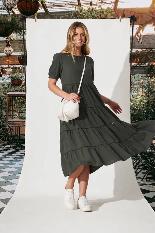 Shonda Midi Dress In Green Linen Blend sold by St Frock