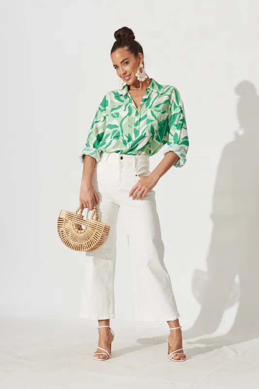 Aitana Shirt In White And Green Leaf Print sold by St Frock