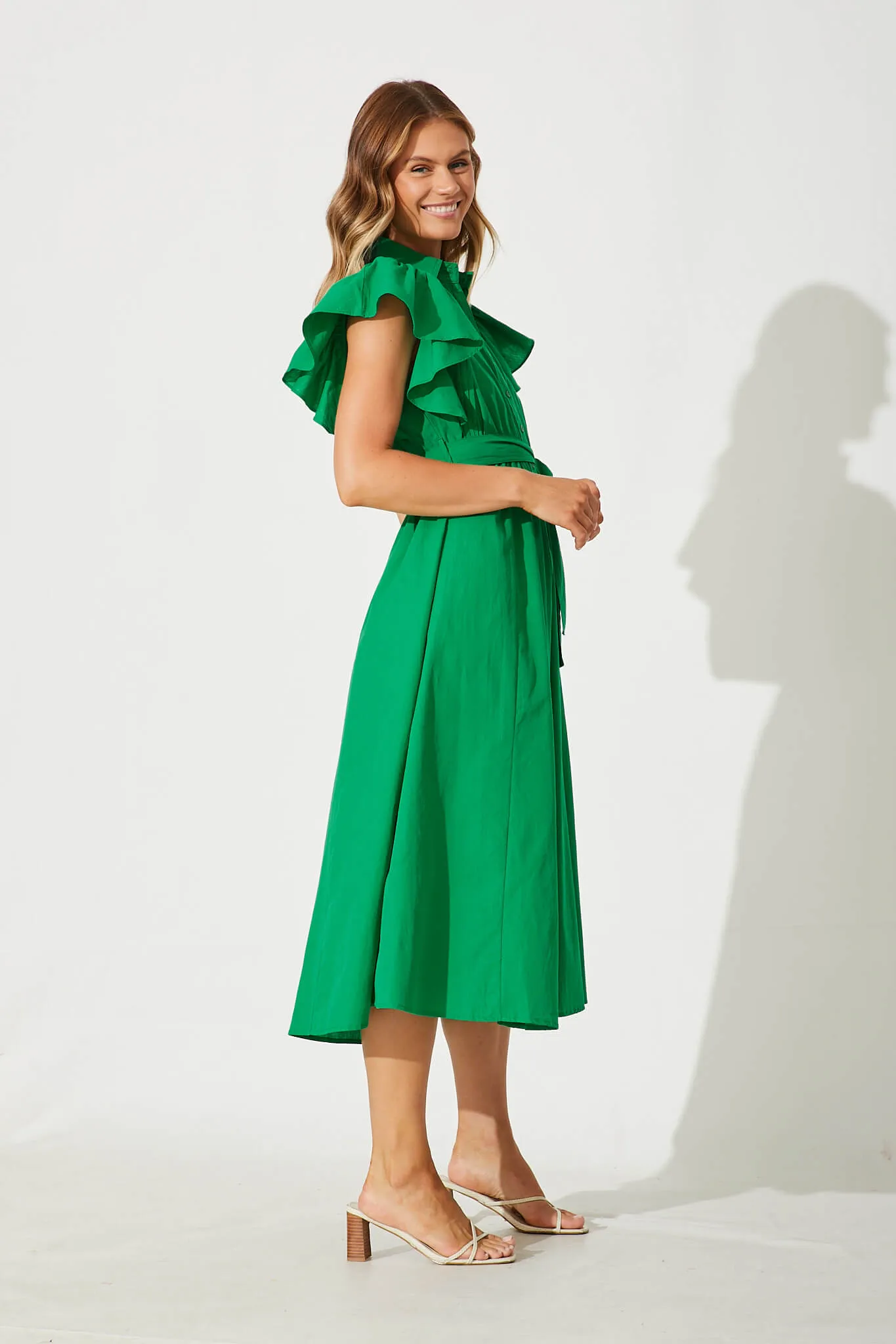 Miles Midi Shirt Dress In Green Cotton sold by St Frock product image thumbnail 3
