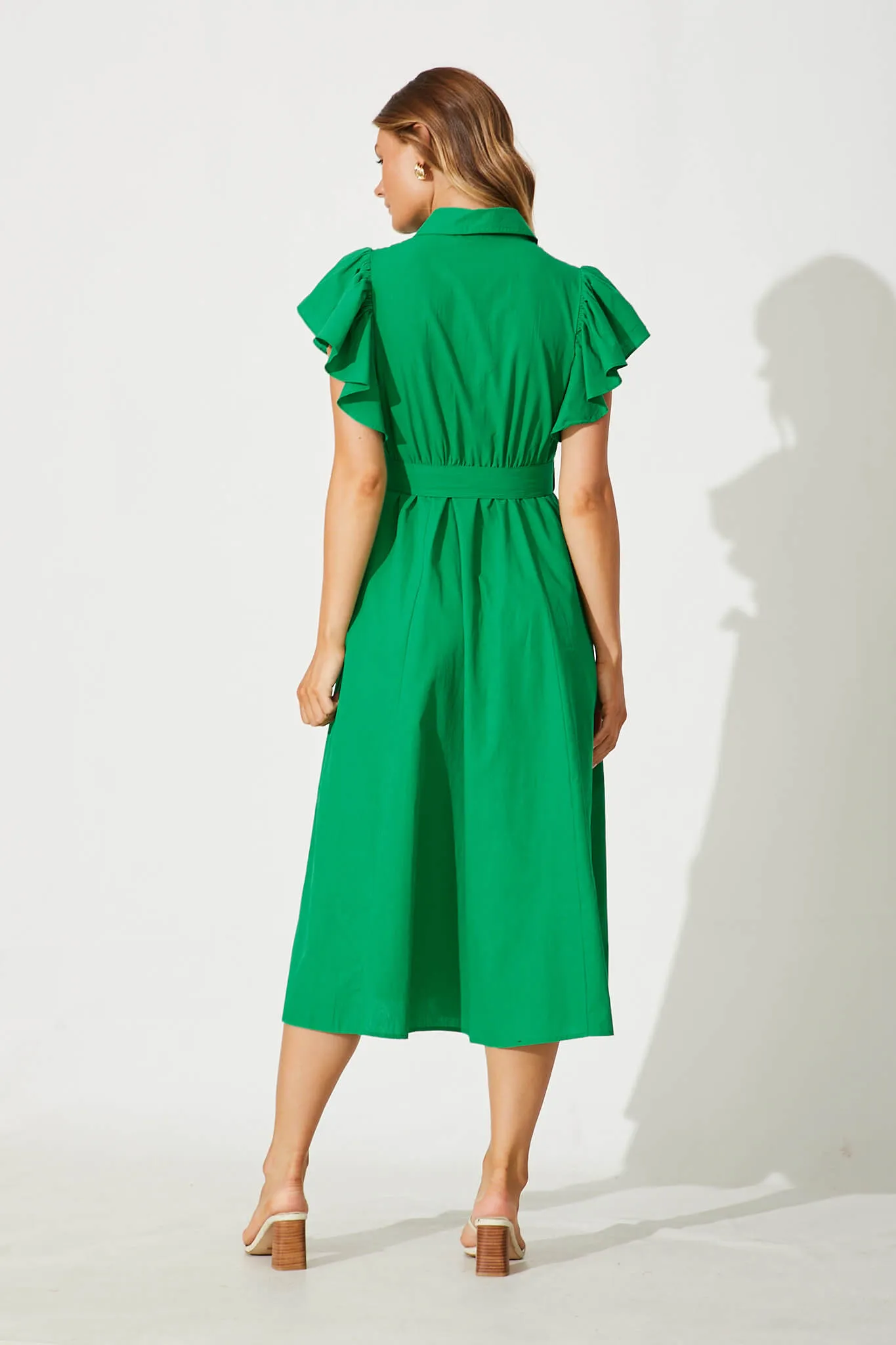 Miles Midi Shirt Dress In Green Cotton sold by St Frock product image thumbnail 4