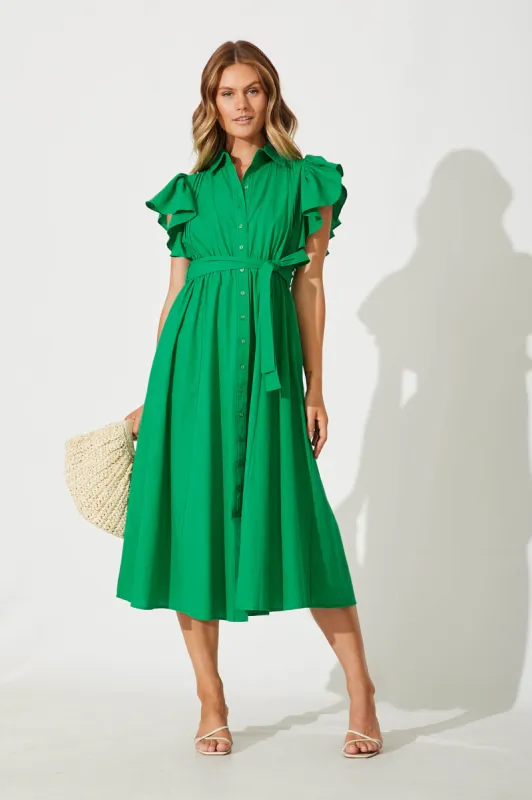 Miles Midi Shirt Dress In Green Cotton sold by St Frock