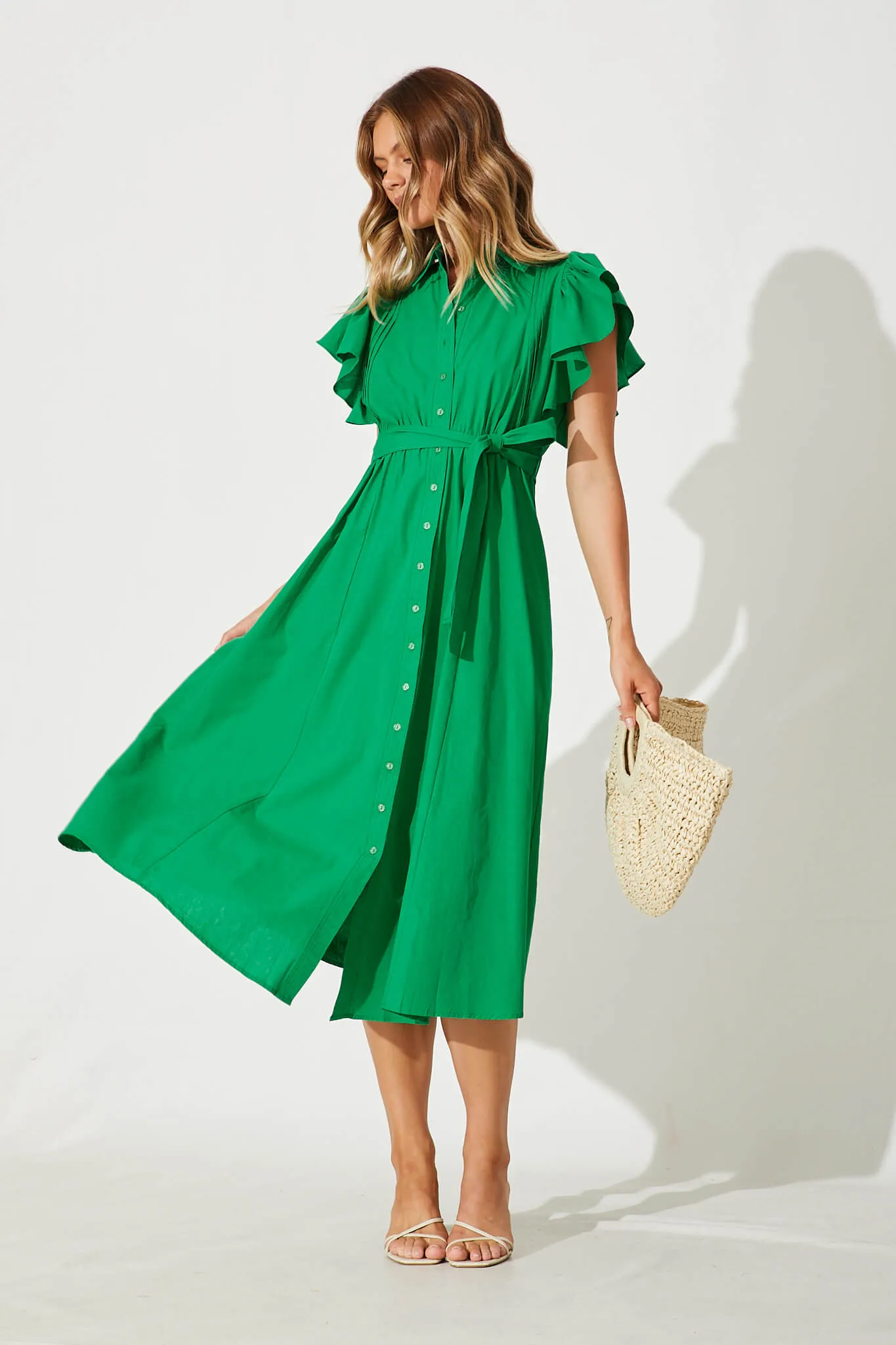 Miles Midi Shirt Dress In Green Cotton sold by St Frock product image thumbnail 5
