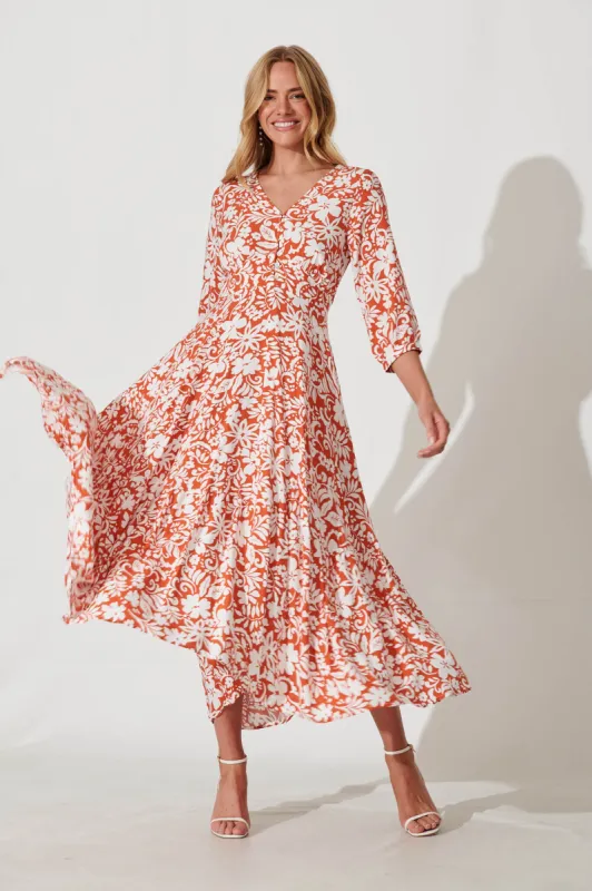 Time Maxi Dress In Rust With White Floral sold by St Frock