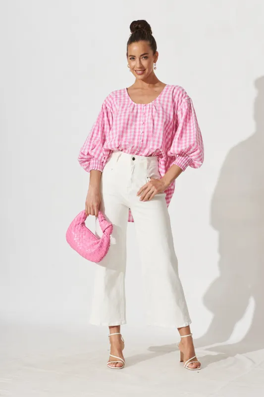 Eleonora Top In White With Pink Check Cotton sold by St Frock