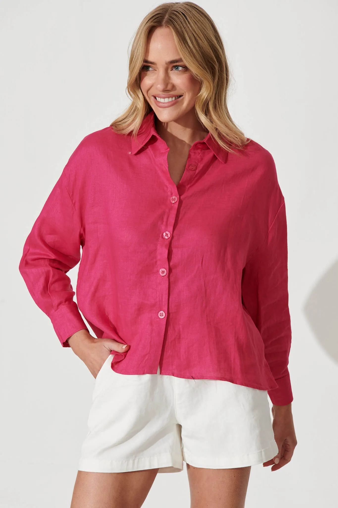 Caterina Shirt In Hot Pink Linen sold by St Frock