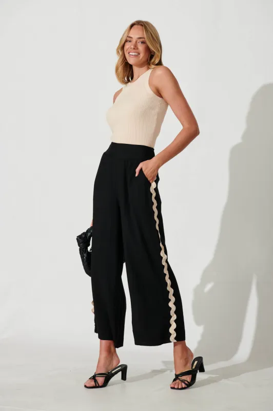 Chaser Pant In Black Linen Cotton Blend With Ric Rac Trim sold by St Frock