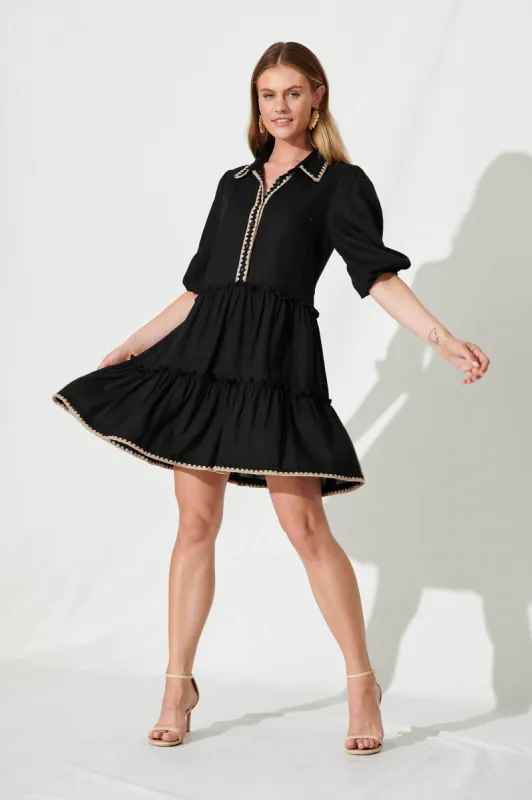 Gwen Smock Dress In Black Linen Blend sold by St Frock