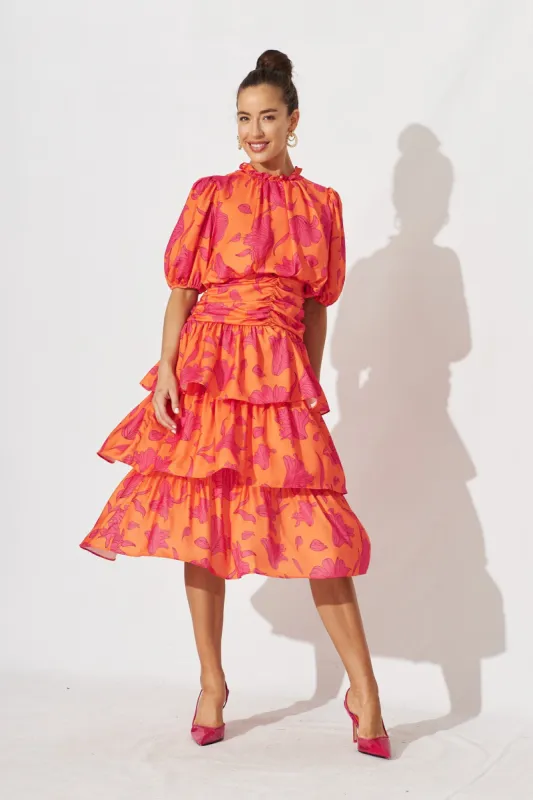 Alexiah Midi Dress In Coral With Pink Floral sold by St Frock