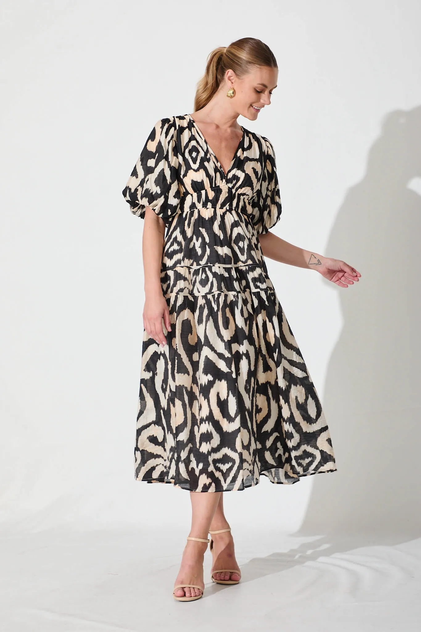 Amalie Midi Dress In Black With Cream Abstract sold by St Frock