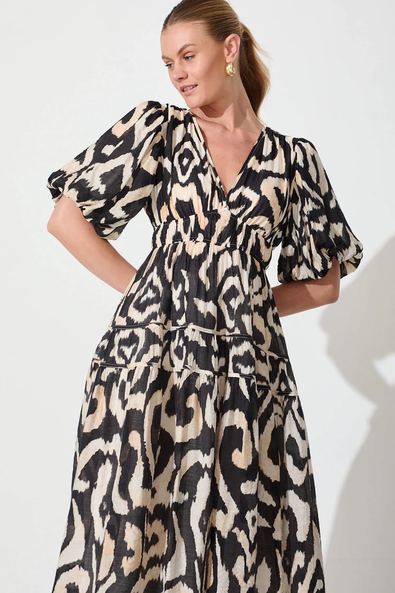 Amalie Midi Dress In Black With Cream Abstract sold by St Frock product image thumbnail 2