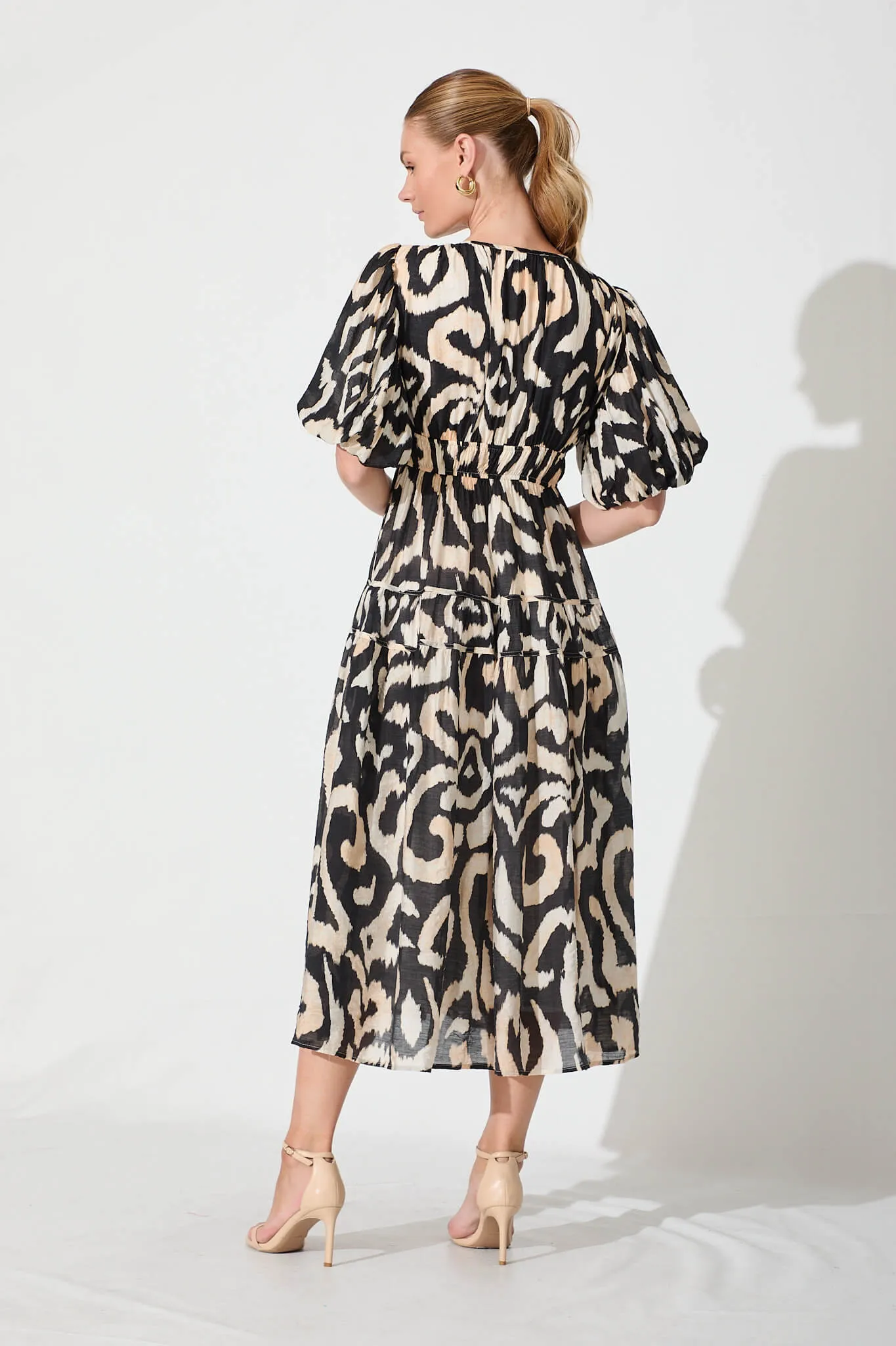 Amalie Midi Dress In Black With Cream Abstract sold by St Frock product image thumbnail 4