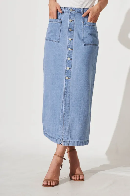 Starflower Maxi Denim Skirt In Light Blue sold by St Frock