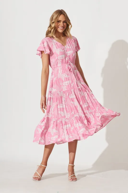 Dolly Midi Dress In Pink With White Print sold by St Frock