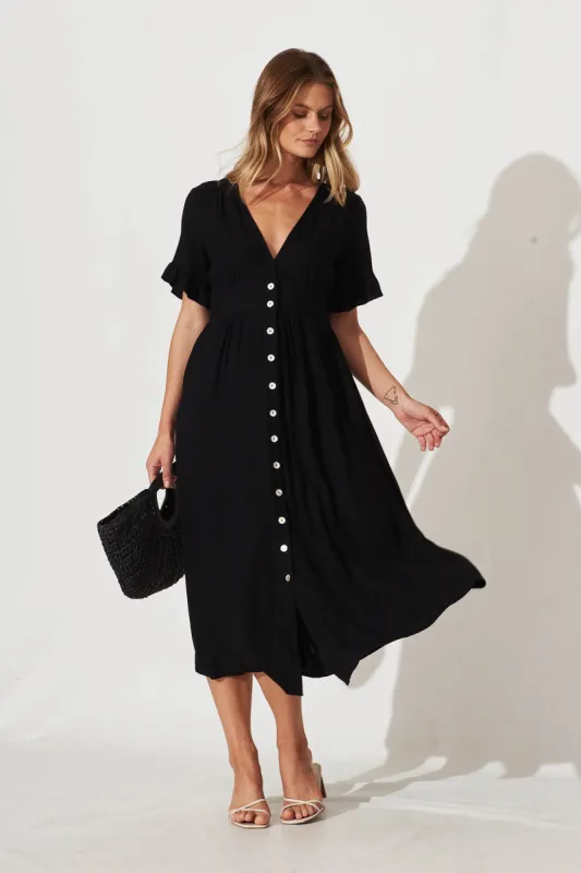 Aire Midi Dress In Black Linen sold by St Frock