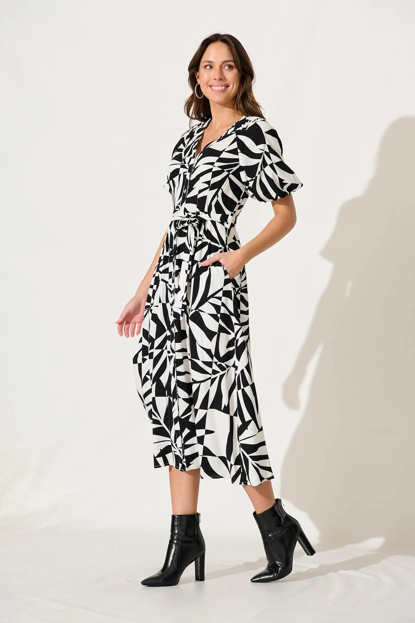 Jessie Midi Dress In White With Black Print sold by St Frock product image thumbnail 3