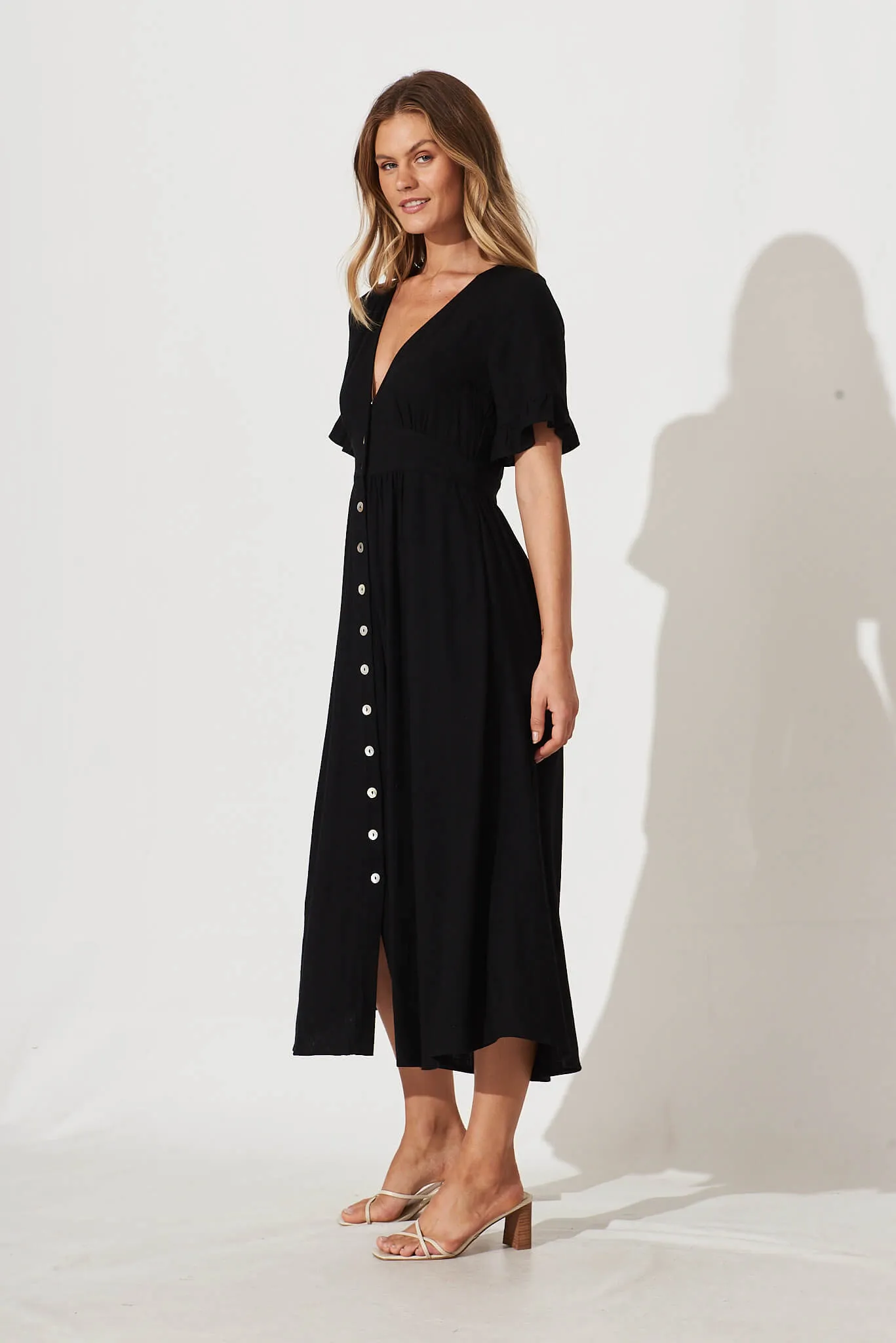 Aire Midi Dress In Black Linen sold by St Frock product image thumbnail 3