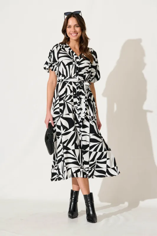 Jessie Midi Dress In White With Black Print sold by St Frock