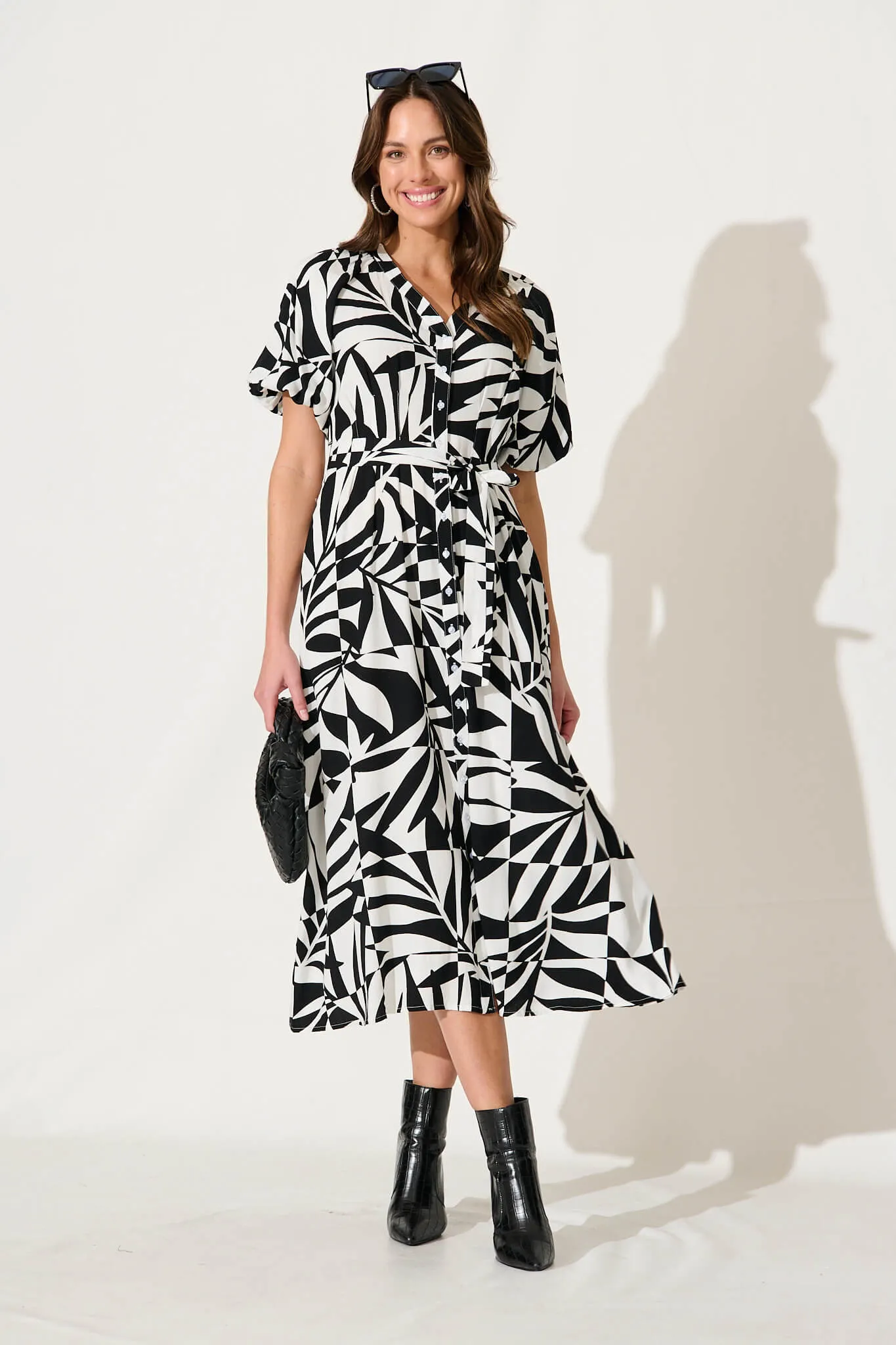 Jessie Midi Dress In White With Black Print sold by St Frock