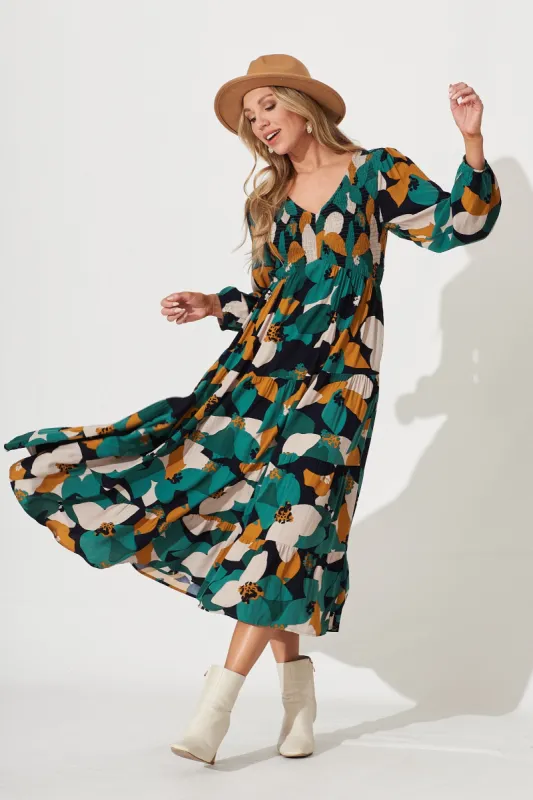 Kamikaze Midi Dress In Multi Teal With Mustard Print sold by St Frock