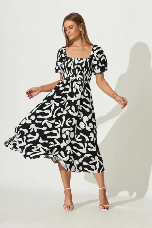 Mariam Midi Dress In Black With White Print sold by St Frock