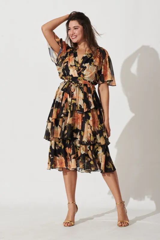 Mindy Midi Dress In Black With Apricot Floral Chiffon sold by St Frock