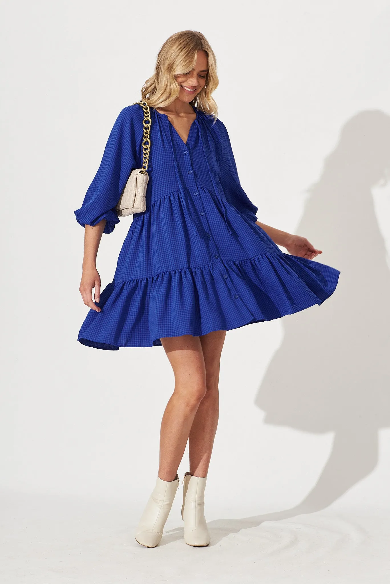 Candour Smock Dress In Cobalt Blue Gingham sold by St Frock
