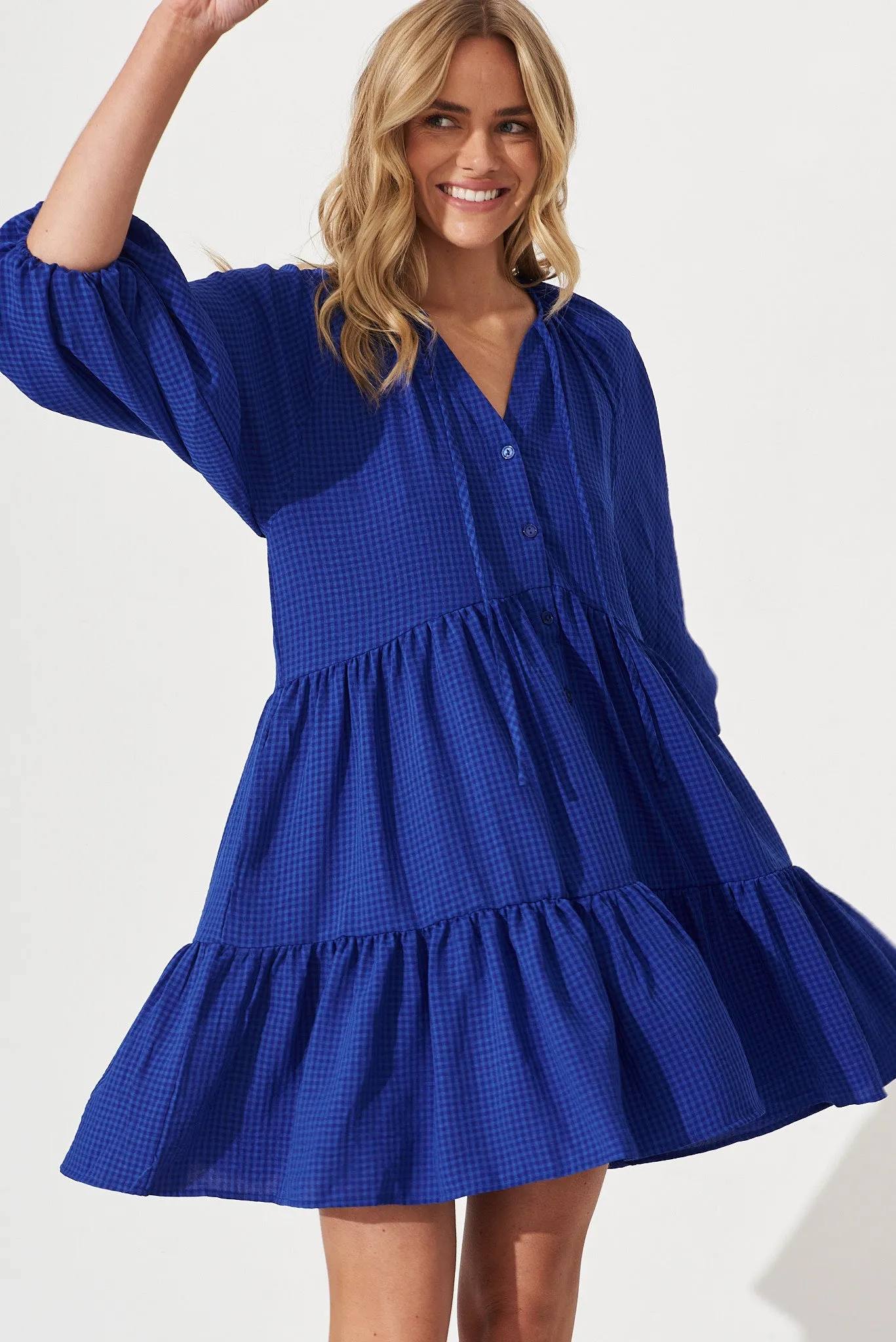 Candour Smock Dress In Cobalt Blue Gingham sold by St Frock product image thumbnail 3