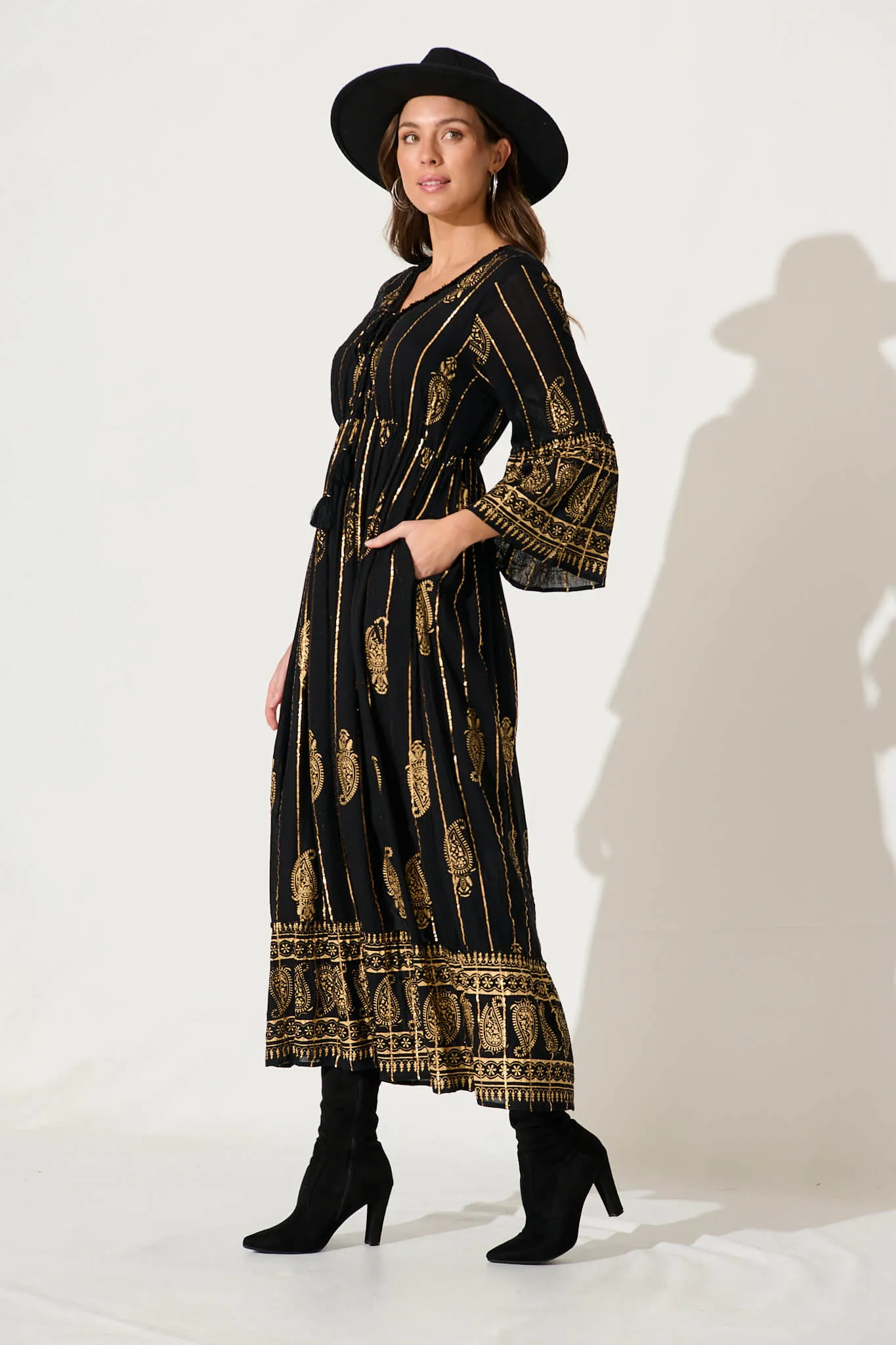 Ellie Maxi Dress In Black With Gold Print sold by St Frock product image thumbnail 3