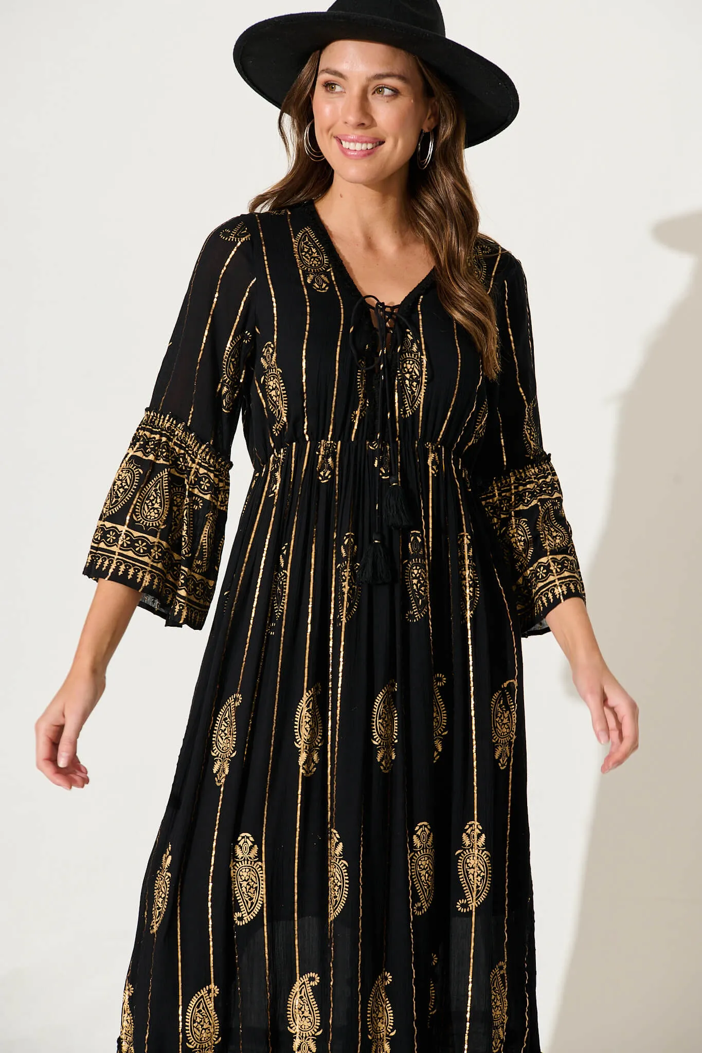 Ellie Maxi Dress In Black With Gold Print sold by St Frock product image thumbnail 2