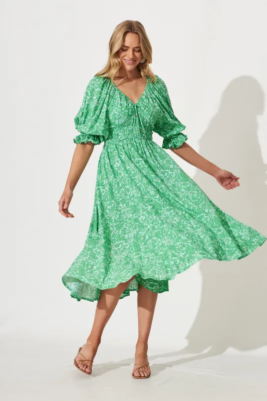 Guinevere Midi Dress In Green With White Print sold by St Frock