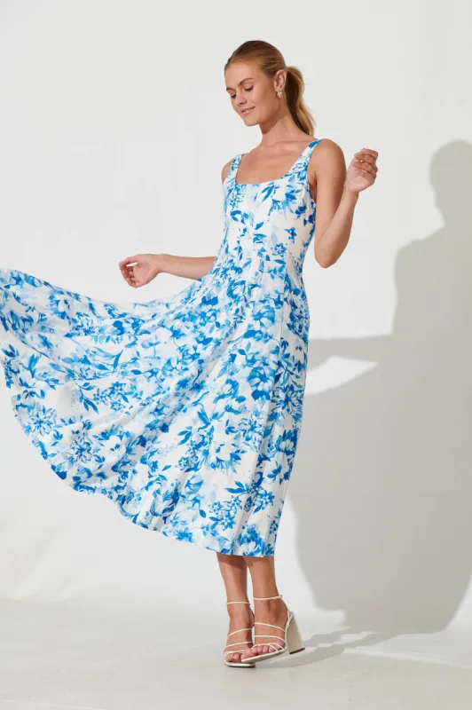 Angelita Midi Dress In Blue Floral Linen Blend sold by St Frock